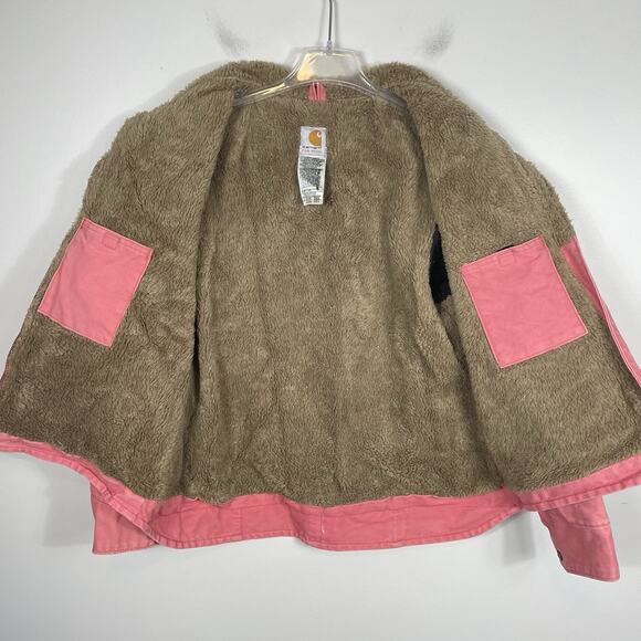 Vintage Carhartt Barn Coat Jacket Womens L Pink Sherbet Sherpa Lined Chore WJ022 - Picture 13 of 15